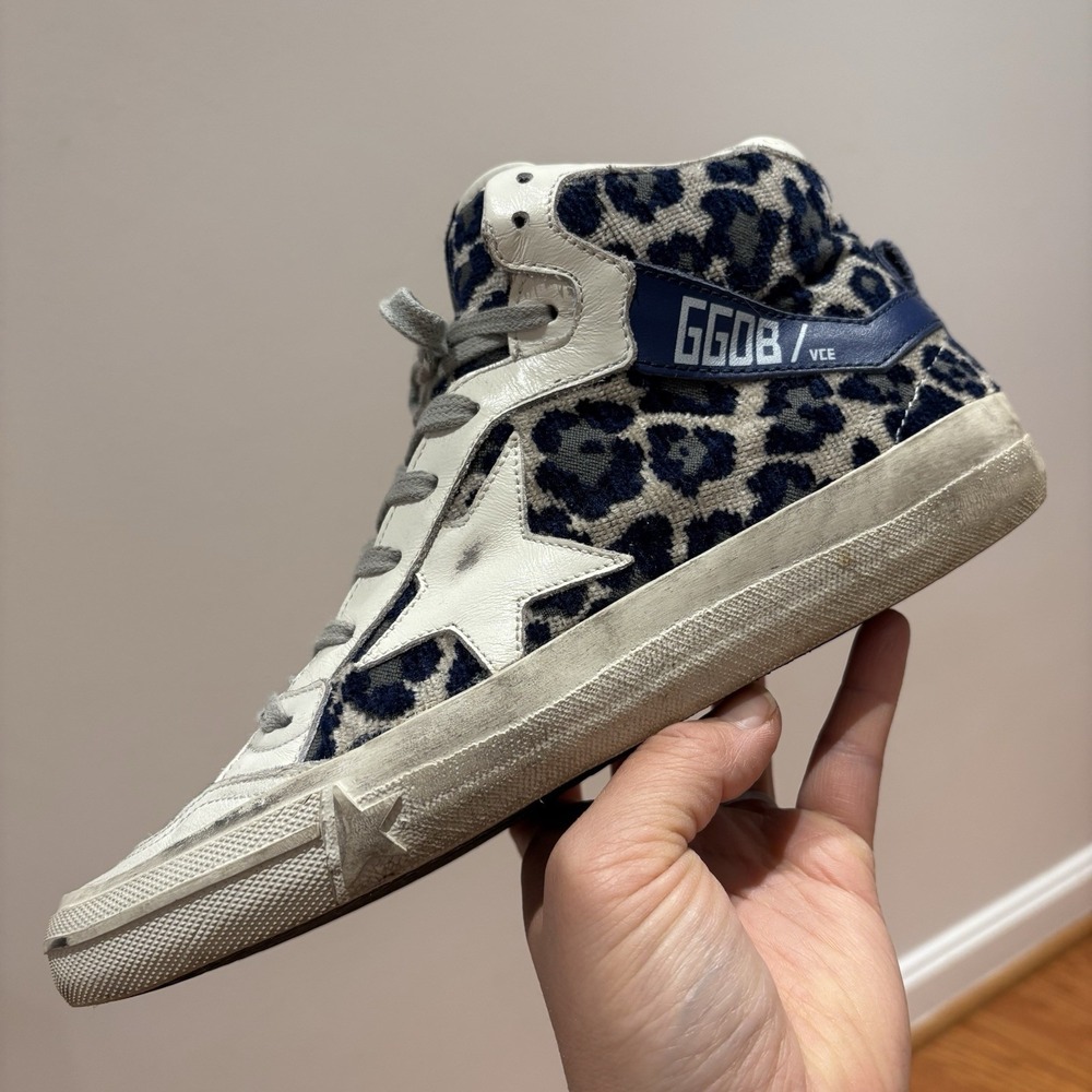 Golden Goose VCE 2.12 High‎ Top Shoes Womens Size 38 Blue Leopard Print Italy - Picture 5 of 16